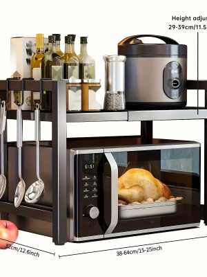 1pc Triangle Shelf with Hooks, Expandable Metal Microwave Oven Rack - Vertical Countertop Storage Rack for Toaster Oven, Air Fryer, Rice Cooker And Other Appliances - Easy to Install, Sturdy Metal Construction, Space-Saving Design