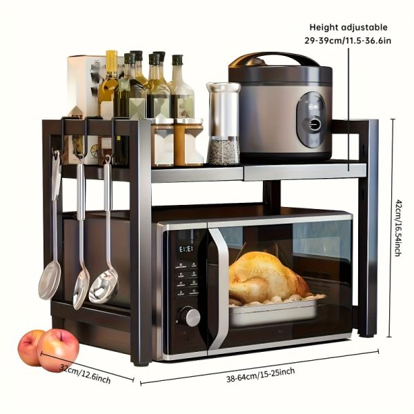 product-open-8b54b31fd88742369537af47a940dfba-goods 1pc Triangle Shelf with Hooks, Expandable Metal Microwave Oven Rack - Vertical Countertop Storage Rack for Toaster Oven, Air Fryer, Rice Cooker And Other Appliances - Easy to Install, Sturdy Metal Construction, Space-Saving Design