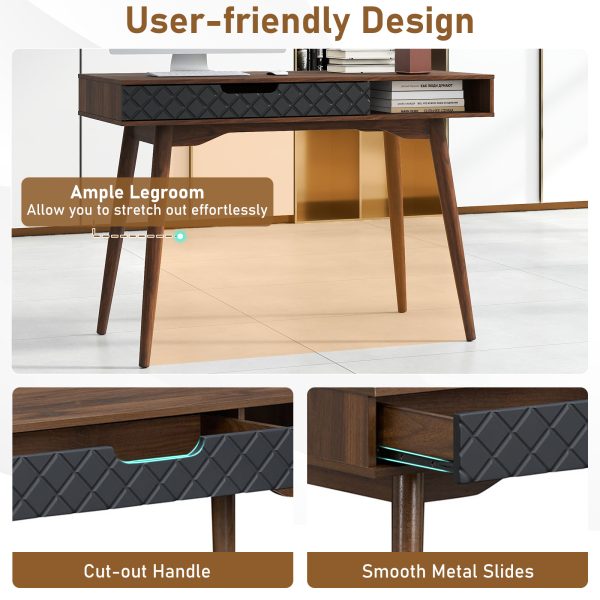 product-open-8b69b2dacb1a4e8788505e16db581cf9-goods Mid-Century Modern Computer Desk | Home Office Desk with Drawer & Open Compartment, Laptop PC Desk with Rubber Wood Legs, Makeup Vanity Table, Vintage Writing Desk Workstation for Study, Bedroom, Brown Hardwood and Artificial Board, Freestanding