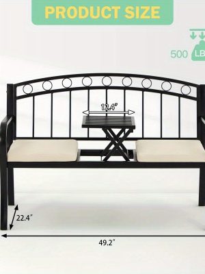 [Outdoor Patio Bench] Outdoor Patio Garden Bench Peacock Feather Backrest, Cast Iron Frame, Comfortable Seat for Yard, Porch, or Park