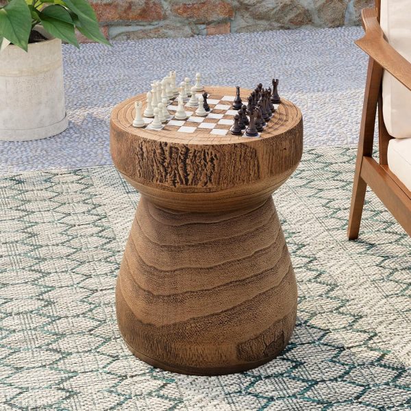 Modern Concrete Side Table, 14" Round Checkerboard End Table for Living Room, Industrial Grey Coffee Table & Magazine Stand, Heavy-Duty MGO Accent Table for Bedroom, Minimalist Garden Stool & Plant Stand (Grey/Brown)