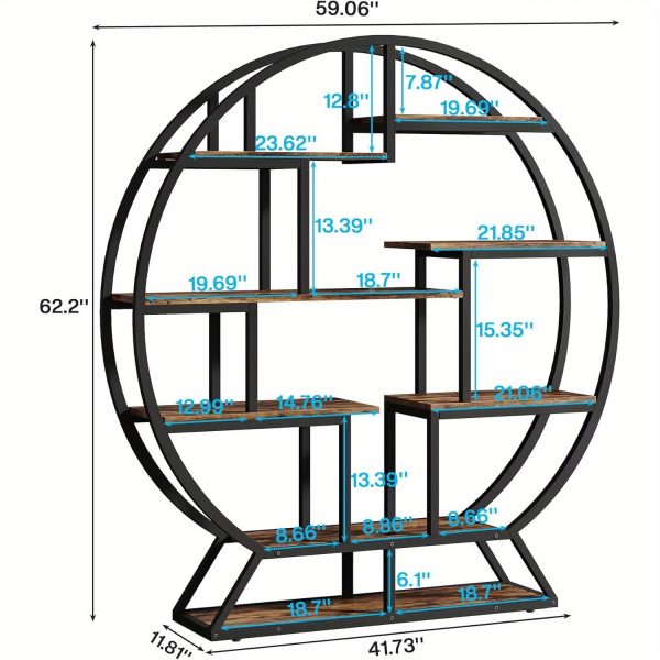 product-open-8bb558af8f914248ac305dbe06eea943-goods 63 Inch Round Industrial Bookshelf - Rustic Wood & Metal Etagere Bookcase with Staggered Shelves, 350lb Capacity, Adjustable Leg Pads, Matte Black & Brown Finish, Open Shelving Organizer for Living Room, Home Office, Bedroom, Kitchen, Bookshelf Decorations, Versatile Display Shelf, Round Silhouette Shelf, Durable Particleboard