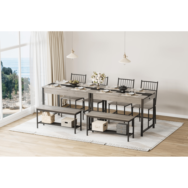 product-open-8bf924cd977d4dd4862e8cbf7b23fe00-goods GarveeHome Dining Table Set for 4, Small Kitchen Table and 2 Chairs for 4 with Bench, Space Saving Kitchen Table Set with Storage Rack & Drawers, Breakfast Nook Rectangular Farmhouse Table Set, Grey