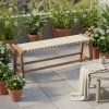 product-open-8bfac643e2a24bcaa979ab7372aebd93-goods 47-Inch Teak Outdoor Bench, Backless Wooden Dining Seat with Woven Fabric, Sturdy Wood Legs, Suitable for Indoor/Outdoor Use in Porch, Backyard, Deck, Or Entryway