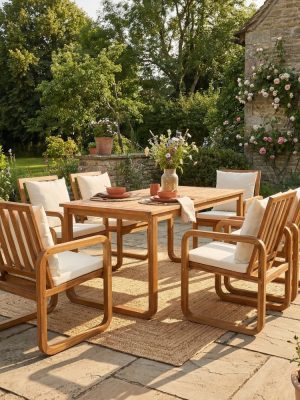 7pcs Patio Dining Set Outdoor Dining Table And Chairs Stylish Outdoor Furniture Set with Removable Cushions for Patio, Backyard, Garden, Natural Wood And Beige Cushion