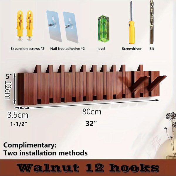 Modern Walnut Wooden, with 4/6/8/10/12 Hooks, Coat Rack, Hooks, Wall Mounted, Accordion, Entryway, Bedroom, Bathroom, Solid Wood, Smooth Polishing, Stable Adhere, Holds 22 Lbs, Floating Shelves