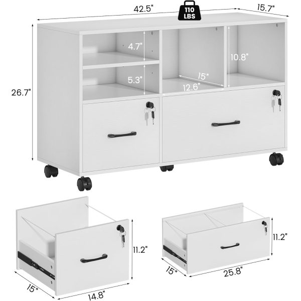 product-open-8d71156709e44508be0efca03667d4a6-goods 2 Drawer Wood Mobile Large Lateral File Cabinet with Lock, Lockable Rolling Filing Cabinet with Storage Shelves, Printer Stand Office Storage Cabinet for Home Office Fits Files Legal/A4, White