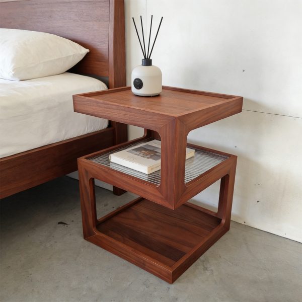 A Bedside Table That Doesn't Require Assembly Bedside Table, Walnut Wood Nightstand, Small Bedside Table with Open Compartment, Tempered Glass Top, Modern End Table for Bedroom & Living Room Furniture