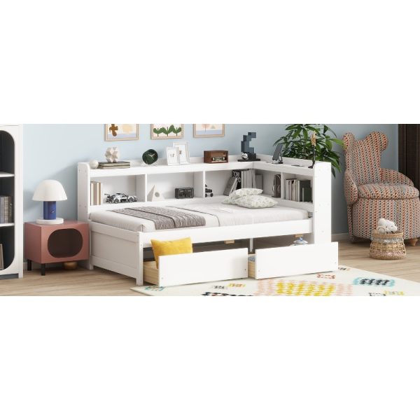 Twin Size L-Shaped Bookcase Bed with Bookshelf Headboard & Two Drawers - Space-Saving Storage Bed Frame, Modern Suitable for Small Rooms, Dorms, Apartments, No Assembly Required (No Wood)