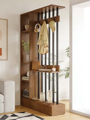 71-Inch Wooden Standalone Room Divider, Wall Partition Bookcase Featuring Shelves And Coat Hooks, a Contemporary Decorative Screen Suitable for Home And Office, in Brown