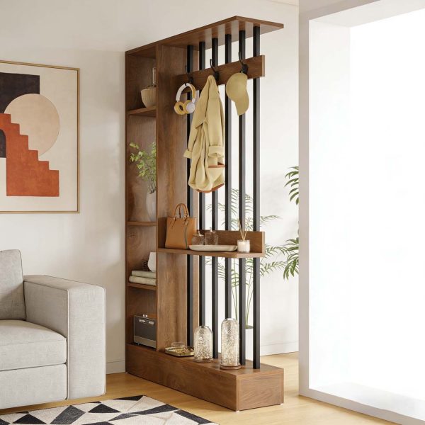 71-Inch Wooden Standalone Room Divider, Wall Partition Bookcase Featuring Shelves And Coat Hooks, a Contemporary Decorative Screen Suitable for Home And Office, in Brown