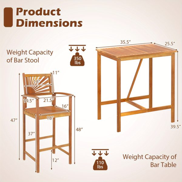 product-open-8f15b522f0d24ab6be9a6ce4dab0b8af-goods LIFEZEAL 3pcs Patio Bar Table & Chairs, Outdoor Acacia Wood Bar Set w/ Slatted Seat & Tabletop, Wood Dining Bar Set w/ Appealing Backrest for Backyard, Poolside, Balcony.