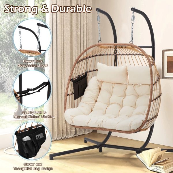 product-open-8fe660115bcf4edabedd52ac04623a01-goods 2 Person Hanging Egg Chair with Stand, Outdoor Wicker Swing Chair with Cushion, Heavy Duty Loveseat Chair for Patio Balcony Bedroom