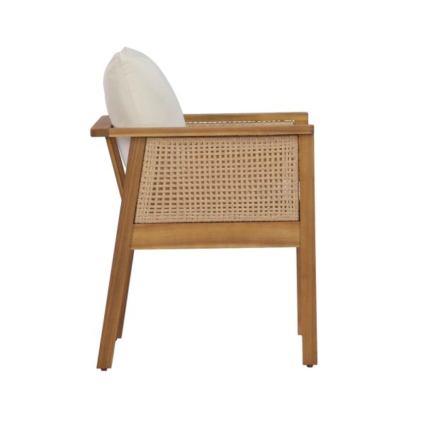 product-open-9004eb46a49f4f3db30b63c895b64dd8-goods Set of 2 Outdoor Acacia Wood Dining Chairs - Patio Armchair with Natural Rattan Backrest, Cream Washable Cushion, Non-Slip Feet for Backyard Poolside Garden