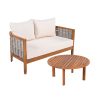 2pcs Acacia Patio Furniture Set, Outdoor Unique Tub Design Loveseat with Woven Rope Table, Deep Seating with Soft Cushions for Porch, Garden, Backyard, Balcony, Teak End And Beige Cushion