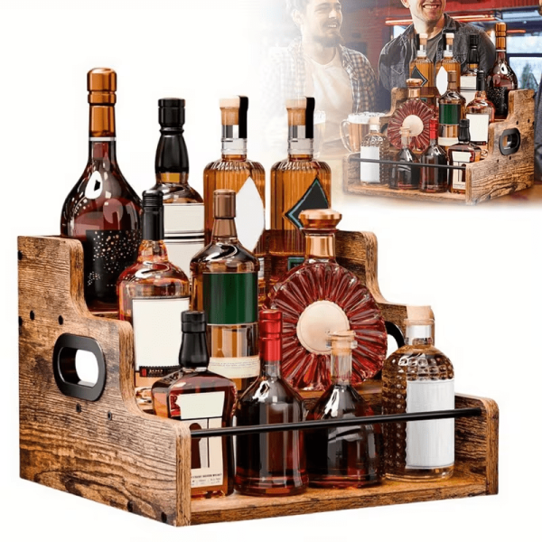 Solid Wood Liquor Bottle Display Shelf, Coffee Syrup Rack Organizer, 3 Step Countertop Liquor Wine Rack, Bar, Liquor Cabinet, Home Bar Shelf Stand for Liquor Whiskey, Spirits, Spice Rack
