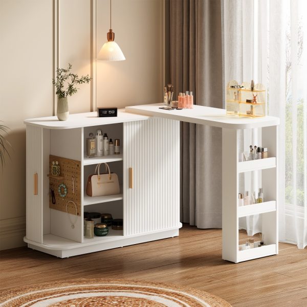 Adjustable Vanity Desk with Rolling Shutter, L-Shape Corner Makeup Table Featuring Shelves, Bedroom Storage Solution in White