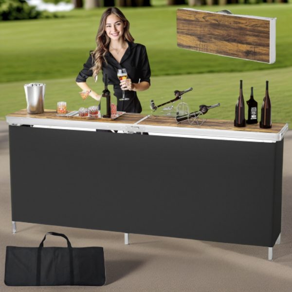 Bonnlo 78 Inch Mobile Bar Table with 2 Tier Shelves Portable Bar Table with Black Skirt for Outdoor Events Party Camping Picnic Mobile Bartending Station Black/ White/ Natural Garden Patio Dining Tables