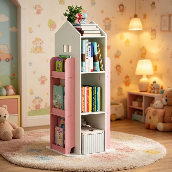 product-open-917e6703f11b49068e8c02da5511acf6-goods 4-Tier Rotating Bookshelf, 360° Display Book Shelf, Floor Standing Bookcase, Children's Bookshelves for Bedroom, Living Room, Study Room ( WHITE Color)