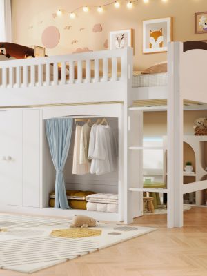 Twin Size Loft Bed with Storage Cabinet, Wardrobe And LED, Wood Color And Espresso