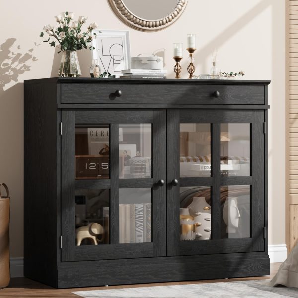 product-open-91d94b62b091402d910a6c5419a0463a-goods GAOMON 35.4Inch Black Sideboard Buffet Cabinet with Glass Doors, Storage Cabinet with Drawer, Modern Buffet And Sideboard for Dining Room, Kitchen, Living Room