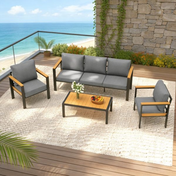 product-open-9248f3c39dc842d6a4695abc65088efa-goods Modern 4/5/7pcs Metal Patio Furniture Set, Outdoor Conversation & Pub Table Set with Coffee Table for Porch, Balcony and Sunroom, Gray