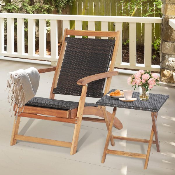 MULTIGOT 2pcs Patio Rattan Folding Lounge Chair Table Acacia Wood W/Retractable Footrest