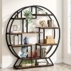 product-open-928464f4a1b440608a8d57c71c234740-goods 63 Inch Round Industrial Bookshelf - Rustic Wood & Metal Etagere Bookcase with Staggered Shelves, 350lb Capacity, Adjustable Leg Pads, Matte Black & Brown Finish, Open Shelving Organizer for Living Room, Home Office, Bedroom, Kitchen, Bookshelf Decorations, Versatile Display Shelf, Round Silhouette Shelf, Durable Particleboard