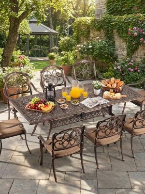 9pcs Cast Aluminum Outdoor Patio Dining Set - Ornate Scrollwork Design, Weather-Resistant Rust-Proof Frame, Square Table & 6 Cushioned Chairs, Suitable for Garden, Backyard & Poolside
