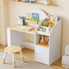 product-open-92b5b48443a5415eac78d12bd115ea8d-goods Kids Desk And Chair Set with Storage And 1 Stool, Wooden Kids Desk W/ 2 Storage Cabinets And Bookshelves, Children Writing Drawing Table, Student Kid Study Table for Boys, Girls