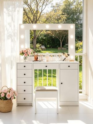 White Makeup Vanity With Mirror, Vanity Desk With 7 Storage Drawers And 1 Cabinet. Large Table Top, Space Saving, Home Organizer.