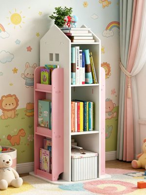 4-Tier Rotating Bookshelf, 360° Display Book Shelf, Floor Standing Bookcase, Children's Bookshelves for Bedroom, Living Room, Study Room ( WHITE Color)