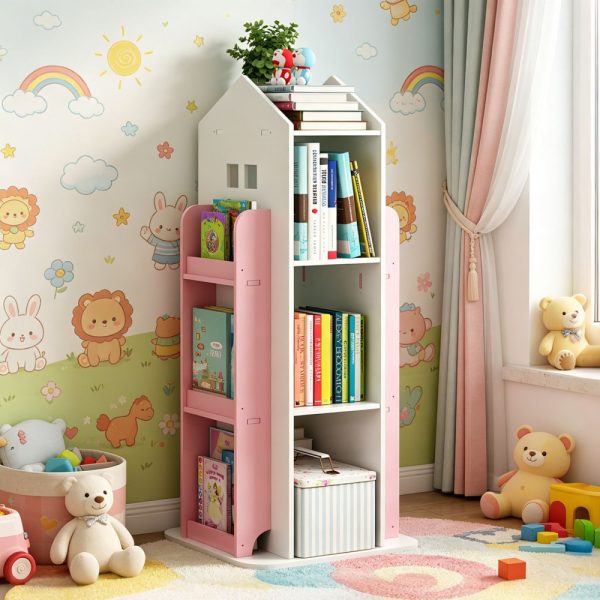 product-open-9303a679023e41af8984a12a427b9315-goods 4-Tier Rotating Bookshelf, 360° Display Book Shelf, Floor Standing Bookcase, Children's Bookshelves for Bedroom, Living Room, Study Room ( WHITE Color)