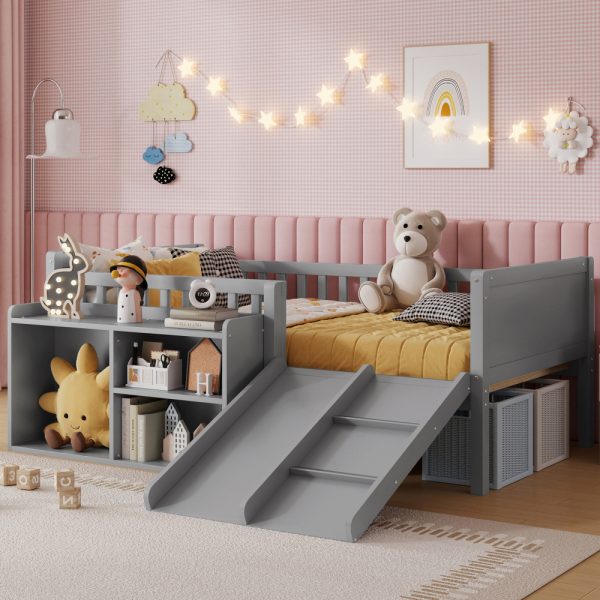 product-open-93d3b4613eef455e998efdab50257050-goods Twin Size Low Loft Bed for Kids with Slide, Movable Bookshelf Storage, Guardrails, Low Loft Bed Frame for Kids, White (Expect Arrival Date 2026/4/3)