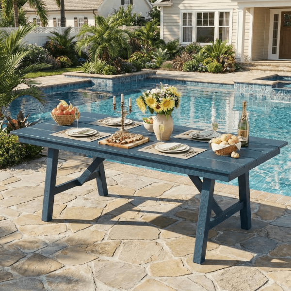 product-open-945baae5d2a5420cbceddfe63760dc5d-goods 66.9" Outdoor Dining Table for 4-6, HDPE Patio Table with Umbrella Hole, Waterproof All-Weather Rectangular Table for Backyard, Poolside & Garden