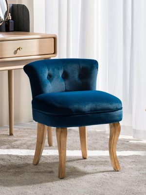Navy Velvet Vanity Stool with Low Back - Modern Upholstered Makeup Chair with Solid Wood Legs, Assembly Compact Dressing Table Chair Suitable for Women & Girls, Bedroom, Living Room, Dressing Table - Stylish Chair