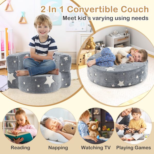 product-open-946fa69d3bde4e399d6b53ab6158047b-goods COSTWAY Kids Glow in the Dark Plush Couch 2-in-1 Convertible Sofa & Play Mat with Glow Stars, Machine Washable Flannel Cover, Soft Sponge Padding, ' Round Furniture, Bedtime Play Center