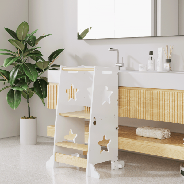 3-In-1 Kitchen Step Stool, Foldable Learning Standing Tower with Blackboard, Wooden Kitchen Stool Helper for Kids, Old Boy Girl Gifts