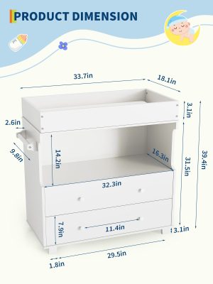 Baby Changing Table Dresser with 2 Drawers & Open Shelf - Modern White Nursery Dresser, Diaper Changing Station with Lock-Free Design, Non-Wood Durable, Easy Assembly for Kids Room, Nursery, Baby Room Storage Organizer