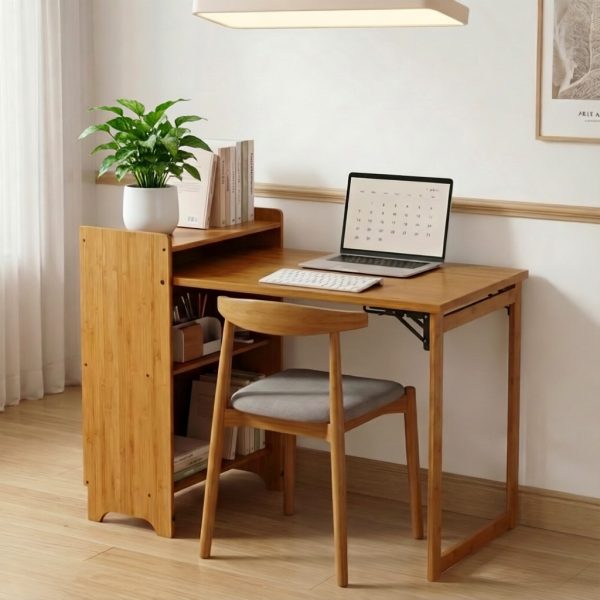 product-open-96d8d0e6936f4f16a3fe455db1facf88-goods Bamboo Folding Desk for Small Spaces with Storage, Foldable Mid Century Modern Drop Leaf Desk, Vintage Fold Out Hideaway Small Desks for Bedroom Or Home Office