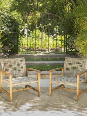 Outdoor Acacia Wood Wicker Club Chairs with Acacia Wood Frame, 2pcs Set