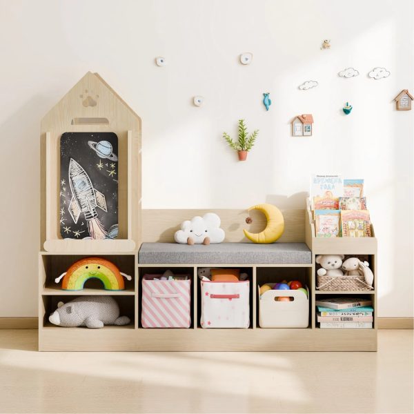 Bookshelf Featuring a Cozy Reading Corner, Wooden Organizer for Storage Equipped with a Chalkboard And Bench, Ideal Reading Nook for Boys And Girls, Shelf Suitable for Bedroom, Nursery, Or Playroom, Crafted from Natural Oak
