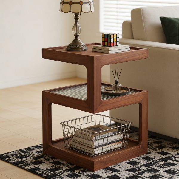 A Bedside Table That Doesn't Require Assembly Bedside Table, Walnut Wood Nightstand, Small Bedside Table with Open Compartment, Tempered Glass Top, Modern End Table for Bedroom & Living Room Furniture