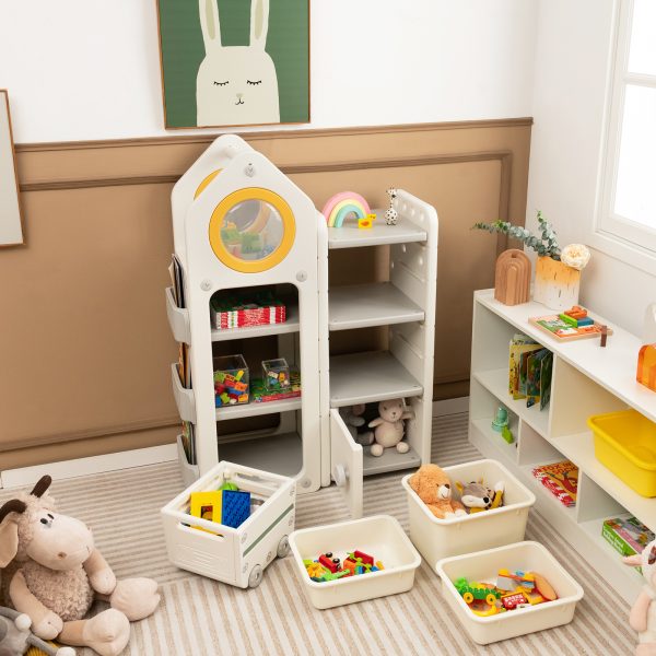 product-open-976e5314b1324a40950dfe326361911c-goods COSTWAY Kids Storage Organizer, Multipurpose Chest and Bookshelf w/ Mobile Trolley, Enclosed Cabinets & Storage Bins, Side Bookshelves, Storage Cabinet w/ Unique Roof
