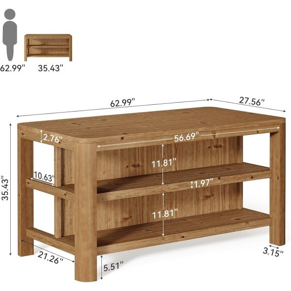 product-open-980bbe8a52d5411c979b14f94440198d-goods 63-Inch Solid Wood Kitchen Island with Ample Storage Shelves, Farmhouse Style Kitchen Island Table with Seating, Counter Height Bar Table for Dining Room & Kitchen, Sturdy Construction & Easy to Assemble