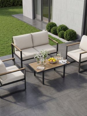 4pcs Outdoor Patio Furniture Set in Grey, Conversation Sofa Set with Metal Frame And All-Weather PE Rope Weaving, UV Resistant And Waterproof Couch with Table for Garden, Balcony, Backyard