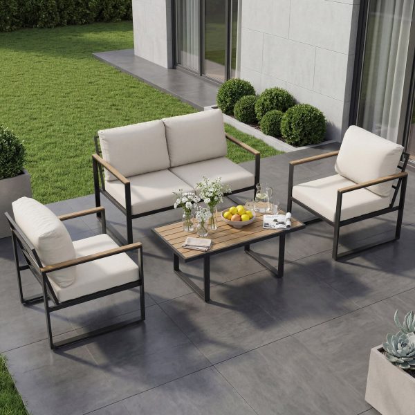 product-open-98c08aa9c5a644cea85a1630d608fef9-goods 4pcs Outdoor Patio Furniture Set in Grey, Conversation Sofa Set with Metal Frame And All-Weather PE Rope Weaving, UV Resistant And Waterproof Couch with Table for Garden, Balcony, Backyard