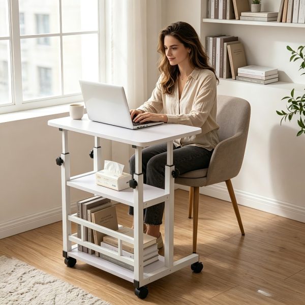 product-open-98f57252f44d4287a9ca8cd13b378f11-goods Height Adjustable Computer Desk with Storage Shelf and Wheels, Mobile Rolling Desk for Home Office, Small Space Study Workstation Desk