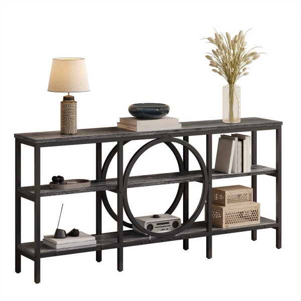 product-open-98fde9dba3194570b834b9a083a0e50b-goods Industrial Farmhouse Console Table - Extra Long 66.9 Inch Narrow Sofa Table with 3-Tier Reclaimed Wood Shelves & Sturdy Metal Frame, Space-Saving Storage Cabinet for Entryway, Hallway, Living Room - Easy Assembly, 50lb/Shelf Capacity, Entryway Organizer | Industrial Chic | Elevated Metal Legs