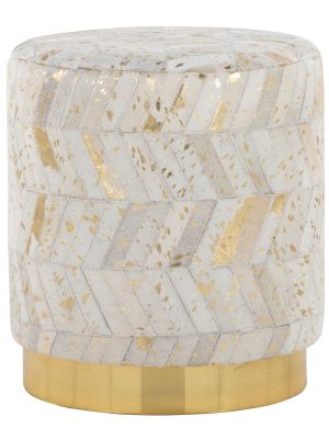 Leather Ottoman in Golden Metal and Ivory Leather with Golden Splatter